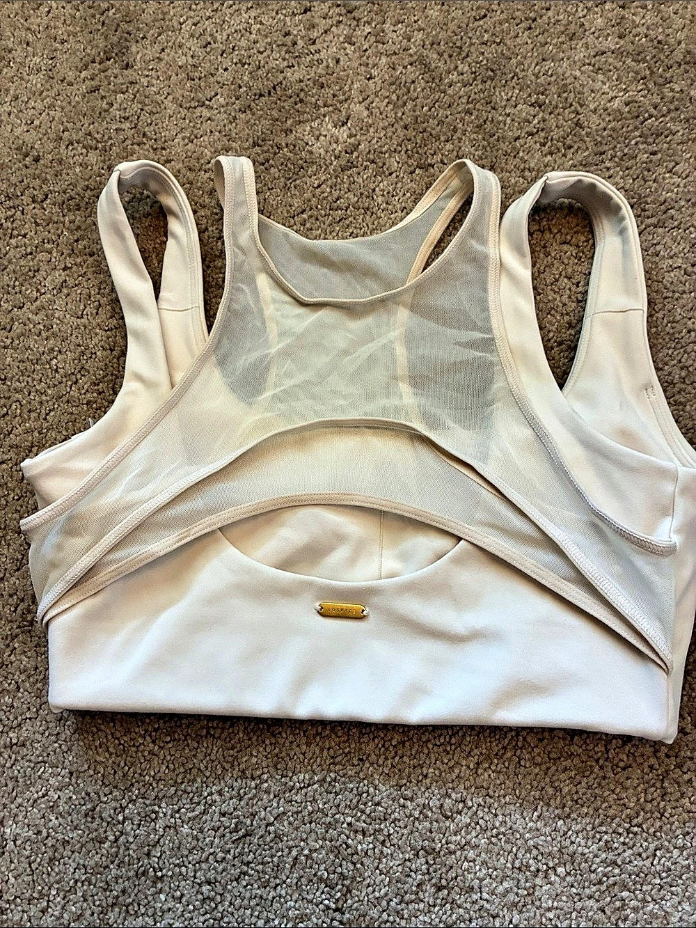 L*Space Active Rush Sports Bra High Neck Mesh Open Keyhole Back Cream M
